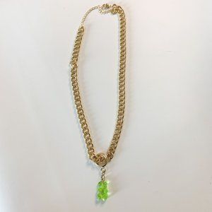 Gold curb chain green gummy bear pendant necklace